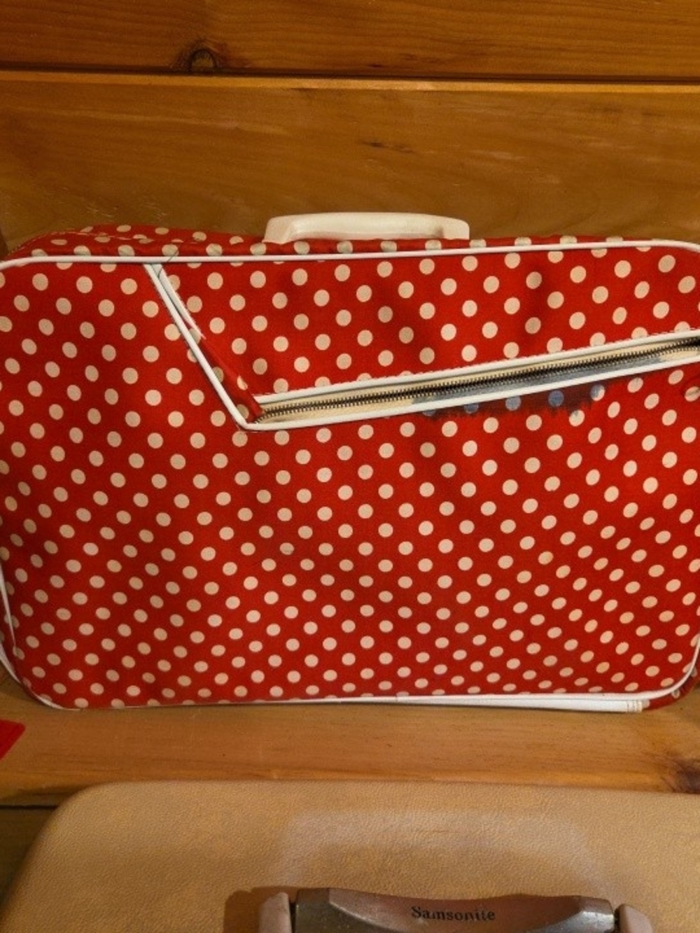 Red Polka Dot Satchel with White Trim. Zippers.  Blemish on Front.